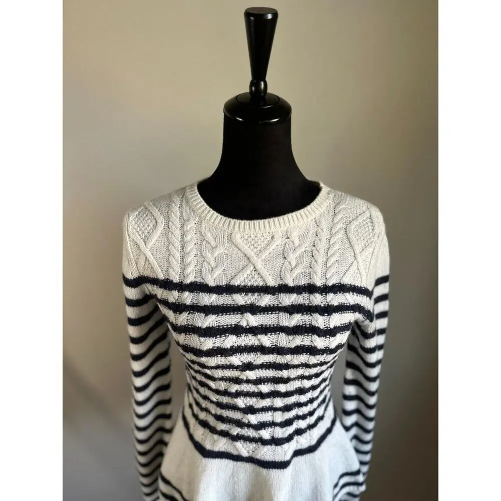 MASSIMO DUTTI Striped Cable Knit Peplum Sweater in White Size M